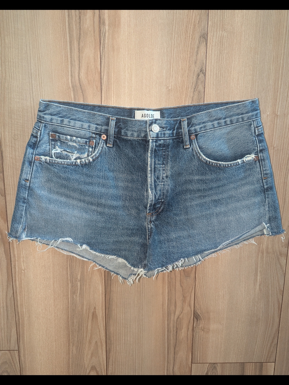 Agolde Frayed Hem High-Rise Denim Cutoff Shorts - Blue Wash